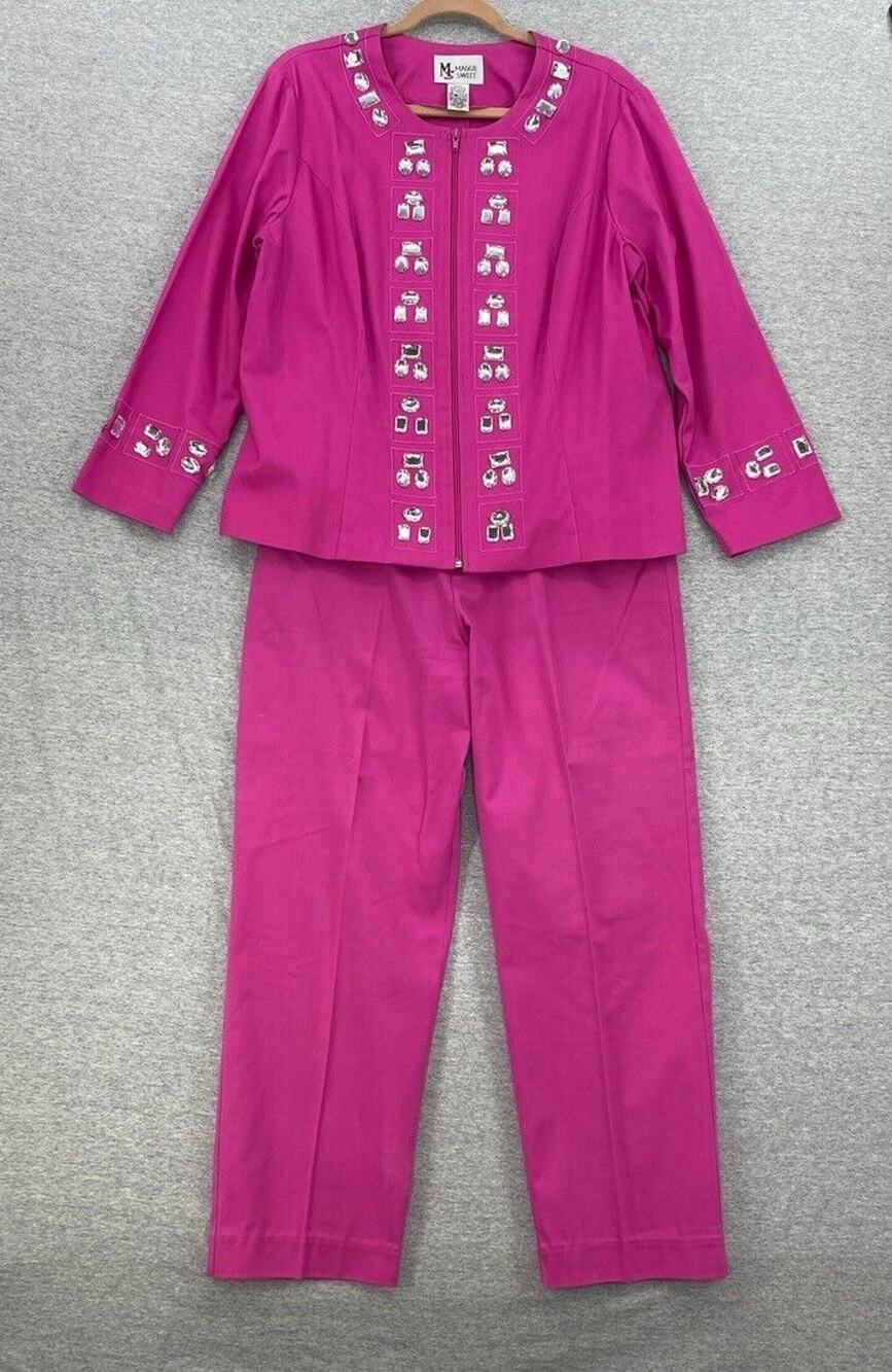 Vintage Maggie Sweet Pant Suit Womens Large Pink Embellish Full Zip Long Sleeve